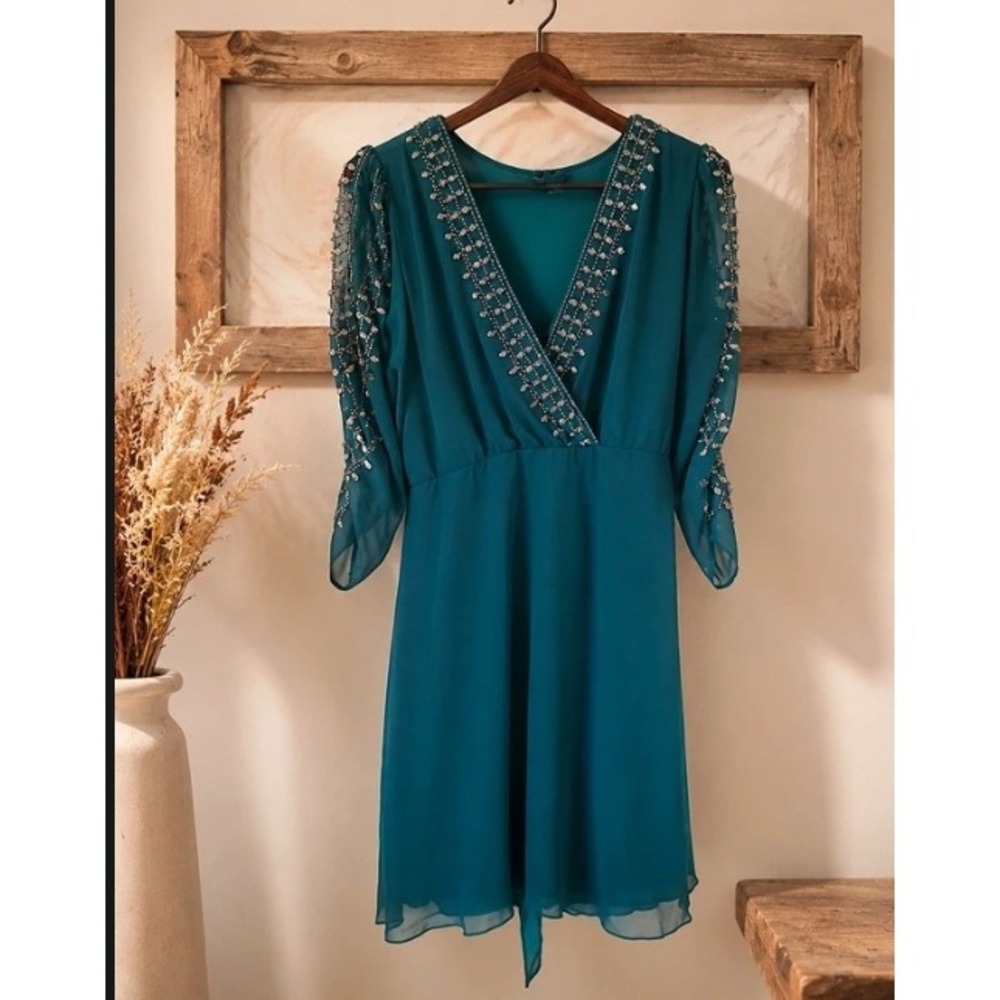 Teal Beaded V-Neck Mini Dress Sheer Embellished Puff Sleeve Cocktail Party Gown